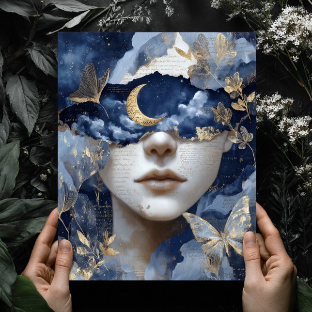 Poster Navy Blue Gold Fantasy Surreal Moon Woman Wall Art (Créateur téléchargé)
