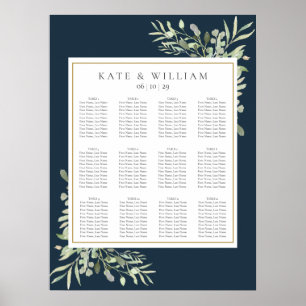 Poster Navy Blue Gold Greenery Wedding Seating Chart