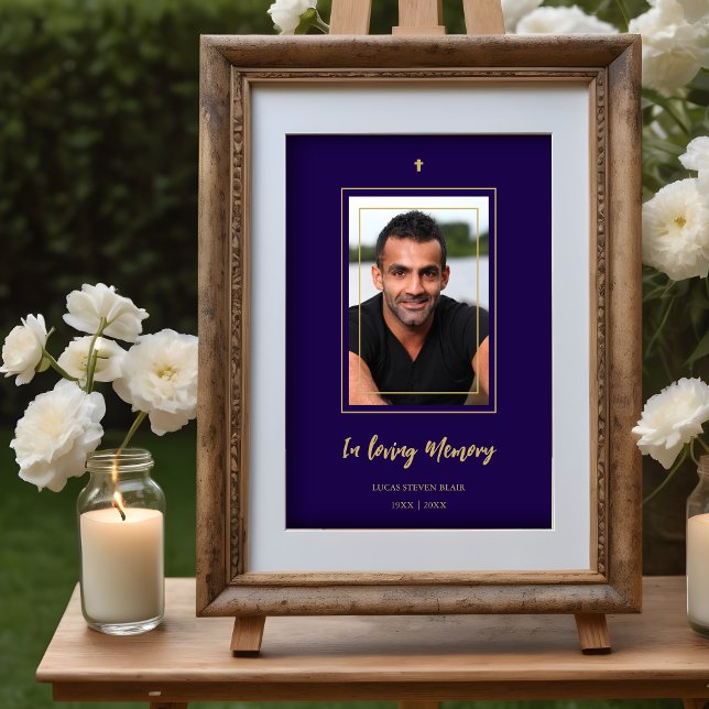 Poster Navy Blue & Golden Traditional Elegant Funeral (Navy Blue & Golden Traditional Elegant Funeral Photo Poster. )