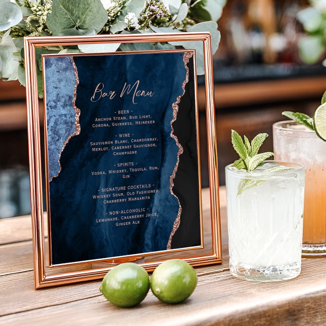 Poster Navy Blue Rose Gold Agate Script Wedding Bar Menu  (Créateur téléchargé)