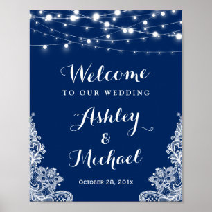 Poster Navy Blue String Lights White Lace Wedding Sign
