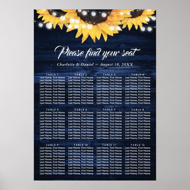 Poster Navy Blue Sunflower Rustic Wood Seating Chart 12 (Devant)