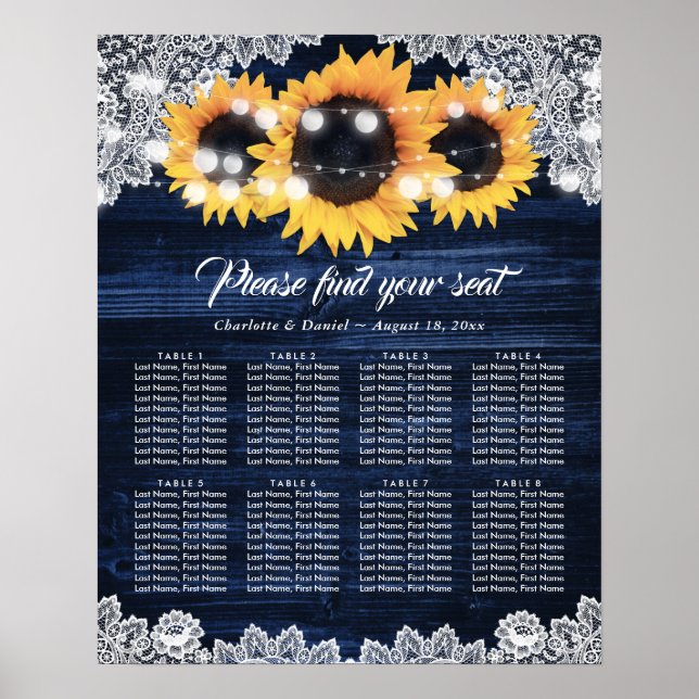 Poster Navy Blue Wood Lace Sunflower Rustic Seating Chart (Devant)