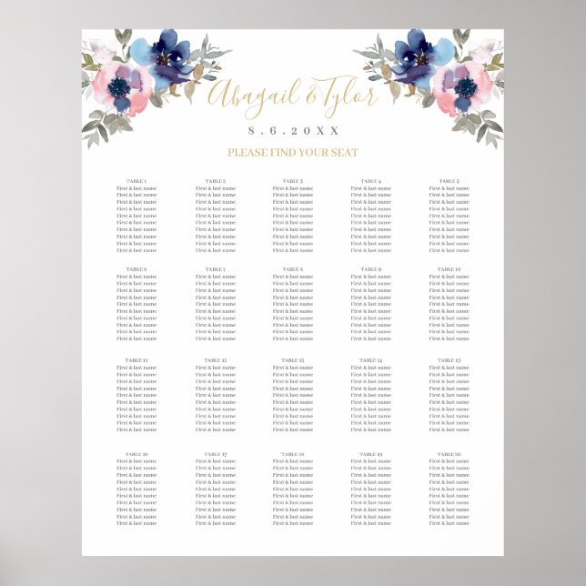 Poster Navy & Blush Floral Reception Seating Chart (Devant)