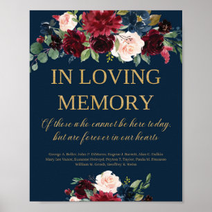 Poster Navy burgundy blush floral in loving memory sign