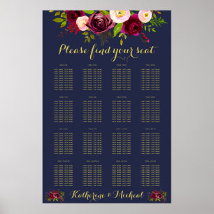 Poster Navy Burgundy Floral Wedding Seating Chart