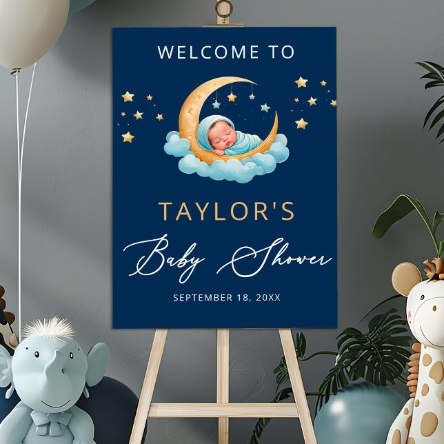 Poster Navy Celestial Moon Stars Baby Shower Welcome Sign (Créateur téléchargé)