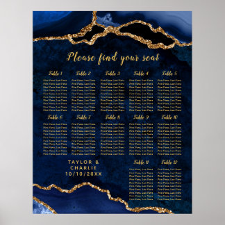 Poster Navy Gold Agate Wedding Seating Chart 12 Table