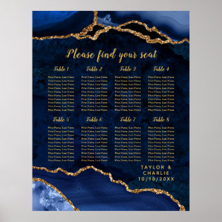 Poster Navy Gold Agate Wedding Seating Chart 8 Table