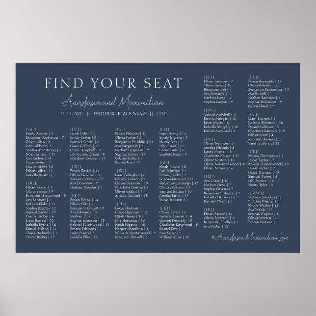 Poster Navy Modern Wedding Alphabetical Seating Chart (Devant)