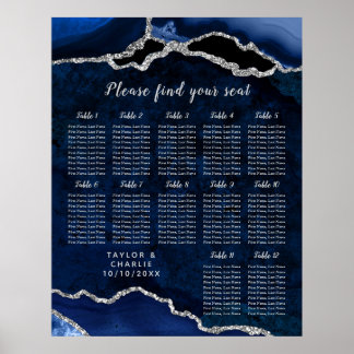 Poster Navy Silver Agate Wedding Seating Chart 12 Table