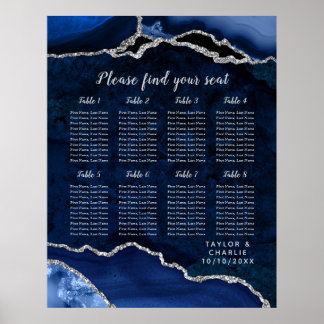 Poster Navy Silver Agate Wedding Seating Chart 8 Table