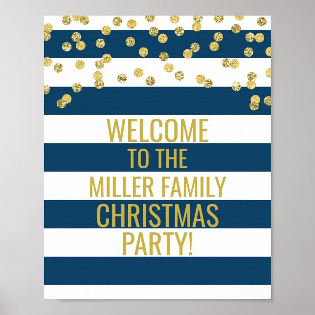 Poster Navy Stripe Gold Confetti Bienvenue fête de Noël (Devant)