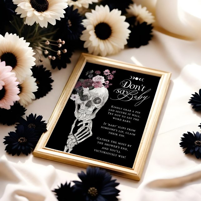 Poster Ne dites pas bébé gothique Baby shower crâne flora (Don't Say Baby Gothic Floral Skull Baby Shower Poster)