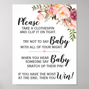 Poster Ne dites pas bébé jeu baby shower fleurs roses sig