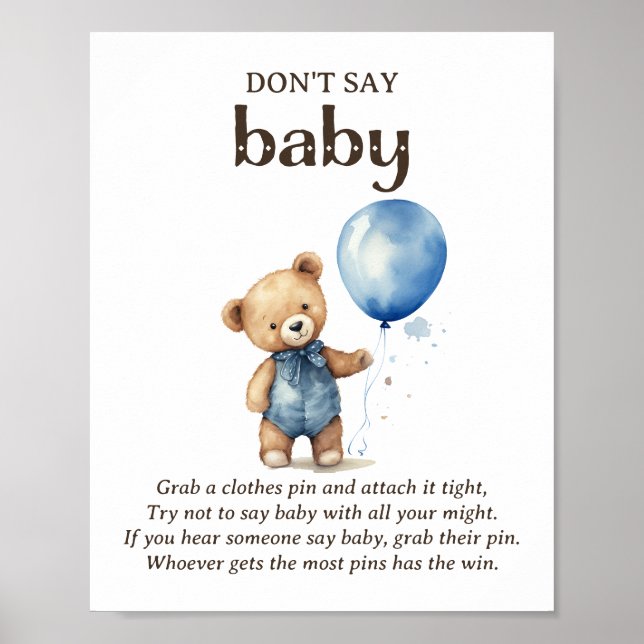 Poster Ne pas dire Baby Teddy Bear Baby Boy Shower Jeu (Devant)