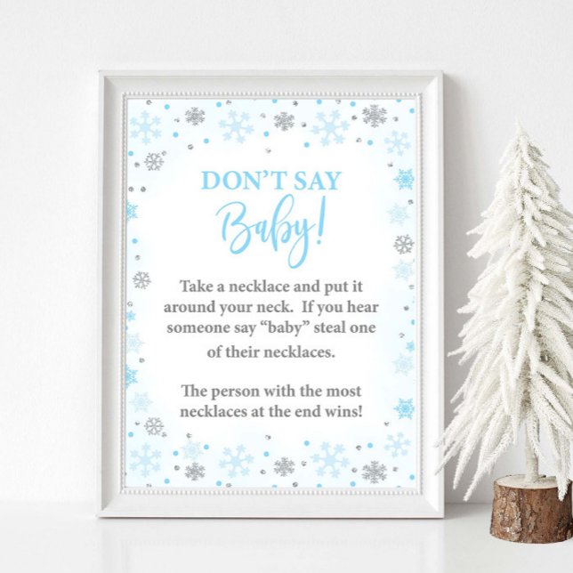 Poster Ne pas dire Bébé Hiver Blue Douche Jeu Signe (Don't Say Baby Winter Baby Shower Game Sign, Blue & Silver Glitter Snowflakes, Necklace Version)