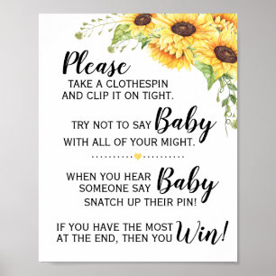 Poster Ne pas dire bébé jeu baby shower signe tournesol