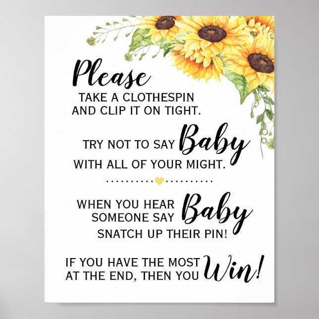 Poster Ne pas dire bébé jeu baby shower signe tournesol (Devant)