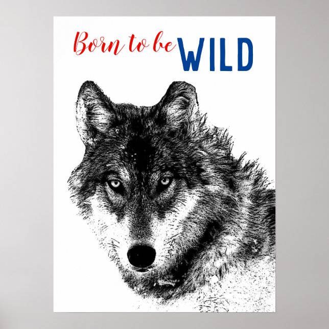 Poster Né pour être Wild Black & White Wolf Motivational (Devant)
