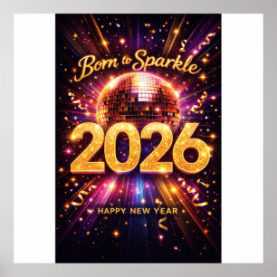 Poster Née pour briller 2026 Boule disco Bonne année