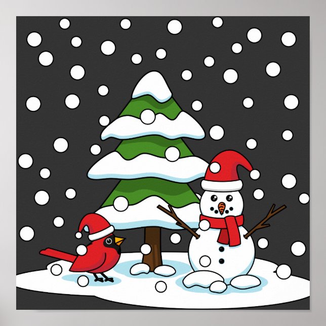 Poster Neige tombant sur Cardinal, Snowman et Pine Tree (Devant)
