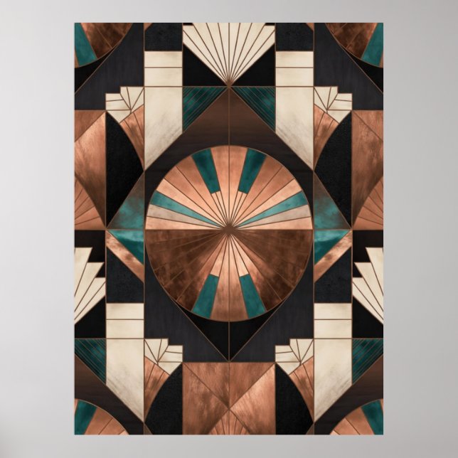 Poster  Neo Art Deco Geometric Teal Copper Gold Sunburst (Devant)
