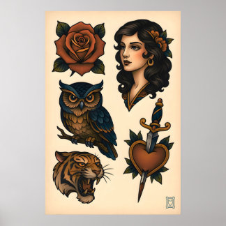 Poster Neo-Traditional Tattoo Flash Sheet Matte  Art