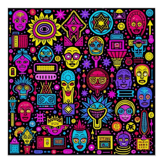Poster Neon Doodle Faces - Motif d'art de rue animé (Devant)