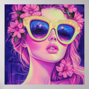 Poster Neon Dream Girl avec lunettes de soleil florales