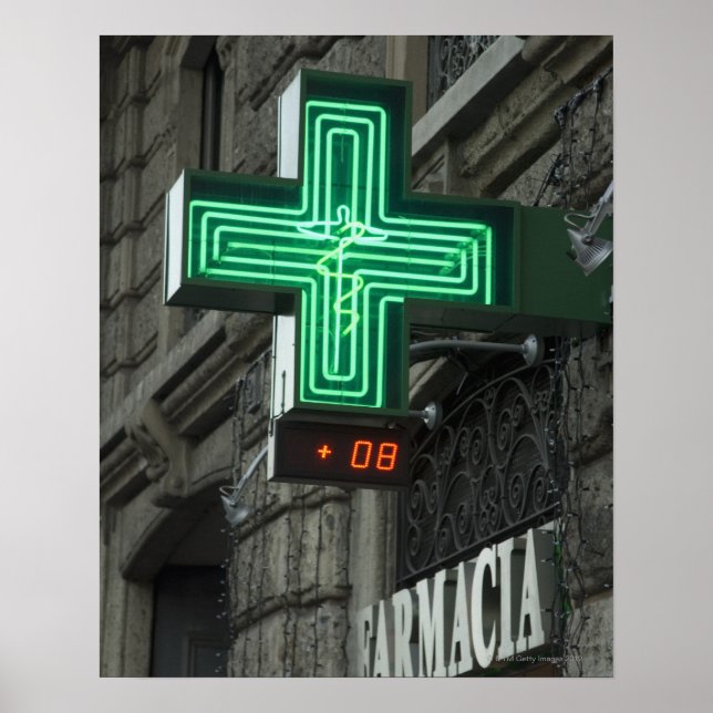 Poster Neon Green cross en dehors de Farmacia (pharmacie  (Devant)
