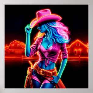 Poster Neon imaginaire cowgirl dans le cadre d'un ranch b