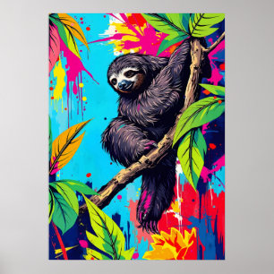 Poster Neon Jungle Sloth - Color Splash Animal Art