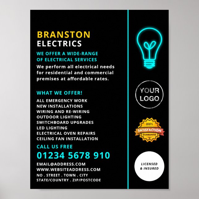 Poster Neon Light, Electricien Publicité (Devant)