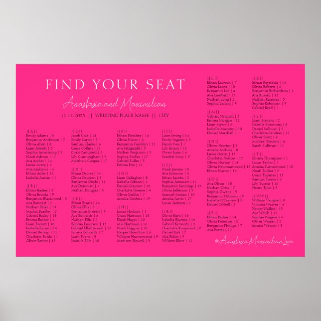 Poster Neon Pink Basic Wedding Alphabetical Seating Chart (Devant)