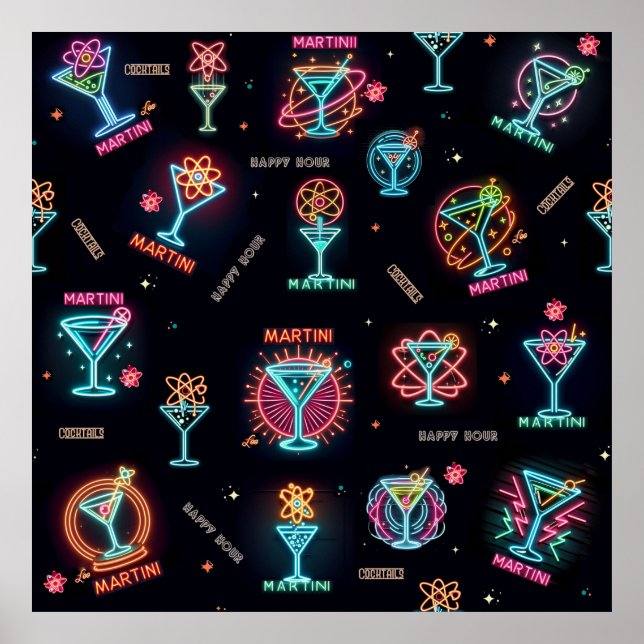 Poster Neon Sign Space Age Atomic Martini Cocktails Impri (Devant)