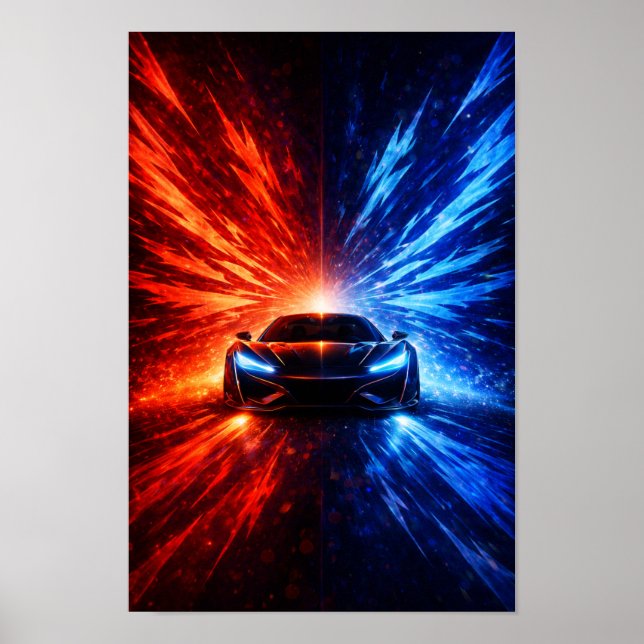 Poster Neon Split Speed Supercar – Red & Blue Energy Burs (Devant)