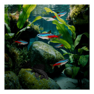 Poster Neon Tetras Plecostomus Aquarium Fish Tank Amateur