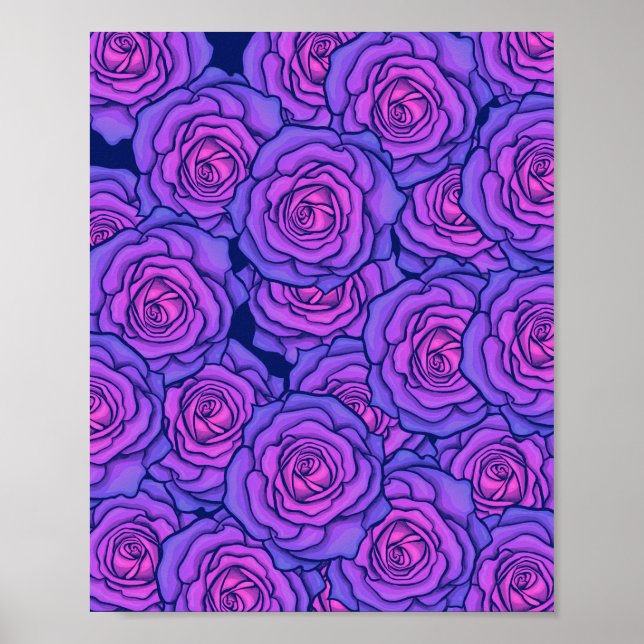 Poster Neon violet Rose Black Light Style Floral Art (Devant)