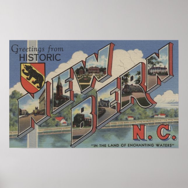 Poster New Berne, Caroline du Nord - Scènes à grandes let (Devant)