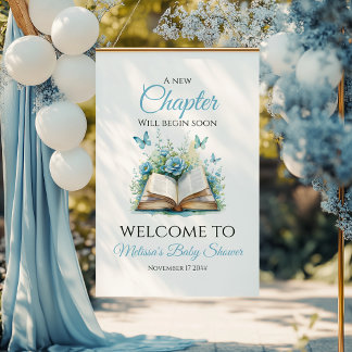 Poster New Chapter Blue Brunch Book Baby Shower Welcome