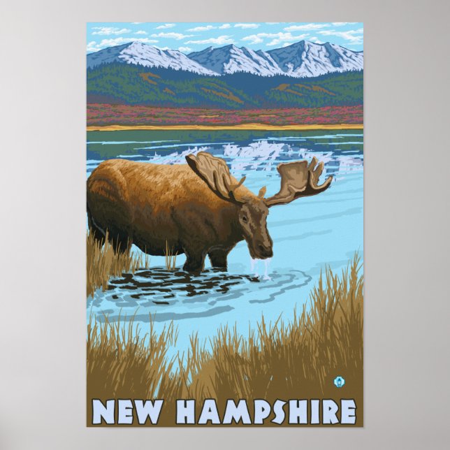 Poster New HampshireMoose Boire dans le lac (Devant)