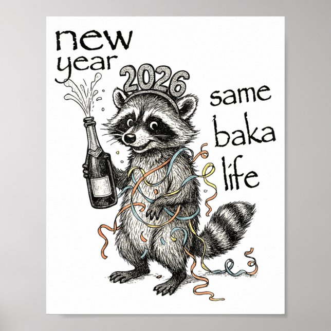 Poster New Year Same Baka Life Funny Raccoon New Year's E (Devant)