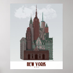 Poster New York dans les nuages - Rouge foncé et vert