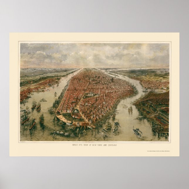 Poster New York, NY Carte panoramique - 1865 (Devant)