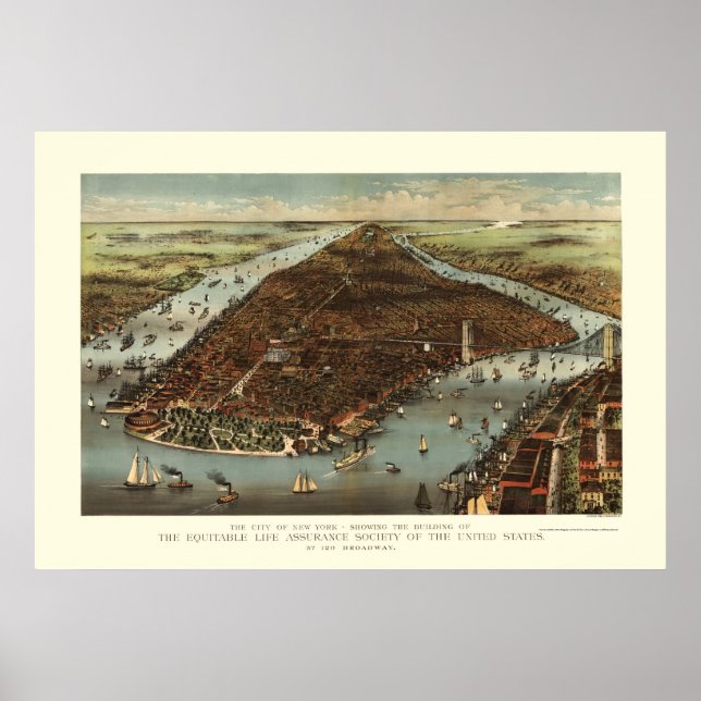 Poster New York, NY Carte panoramique - 1883 (Devant)