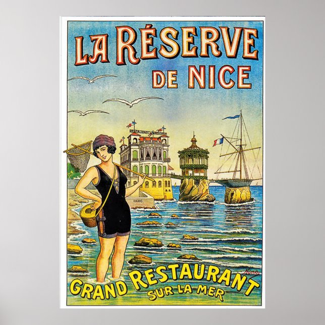 Poster Nice, France, femme en maillot de bain sur la plag (Devant)