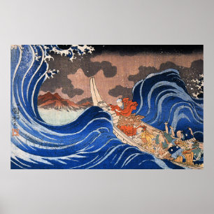 Poster Nichiren calme une tempête dans Kakuda, Kuniyoshi