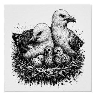 Poster Nid de famille d'oiseaux – Illustration à l'encre 