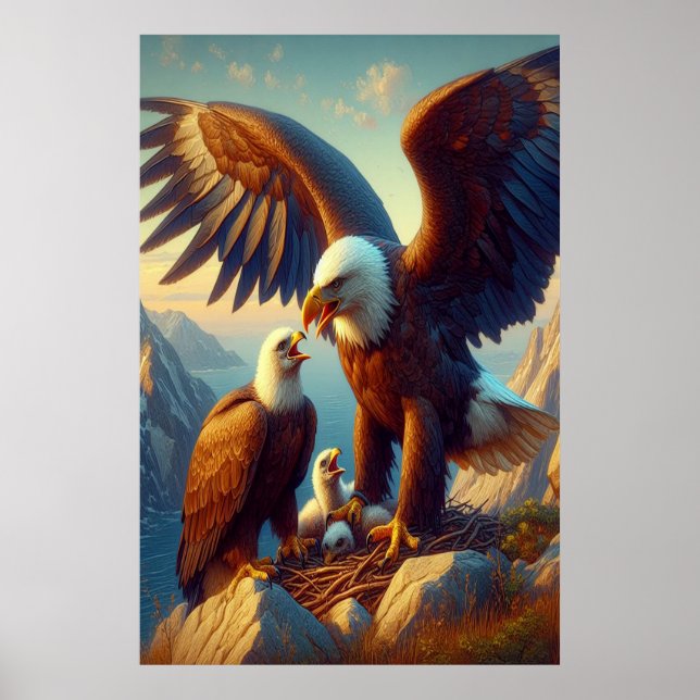 Poster Nidification de famille d'aigle au sommet d'une fa (Devant)